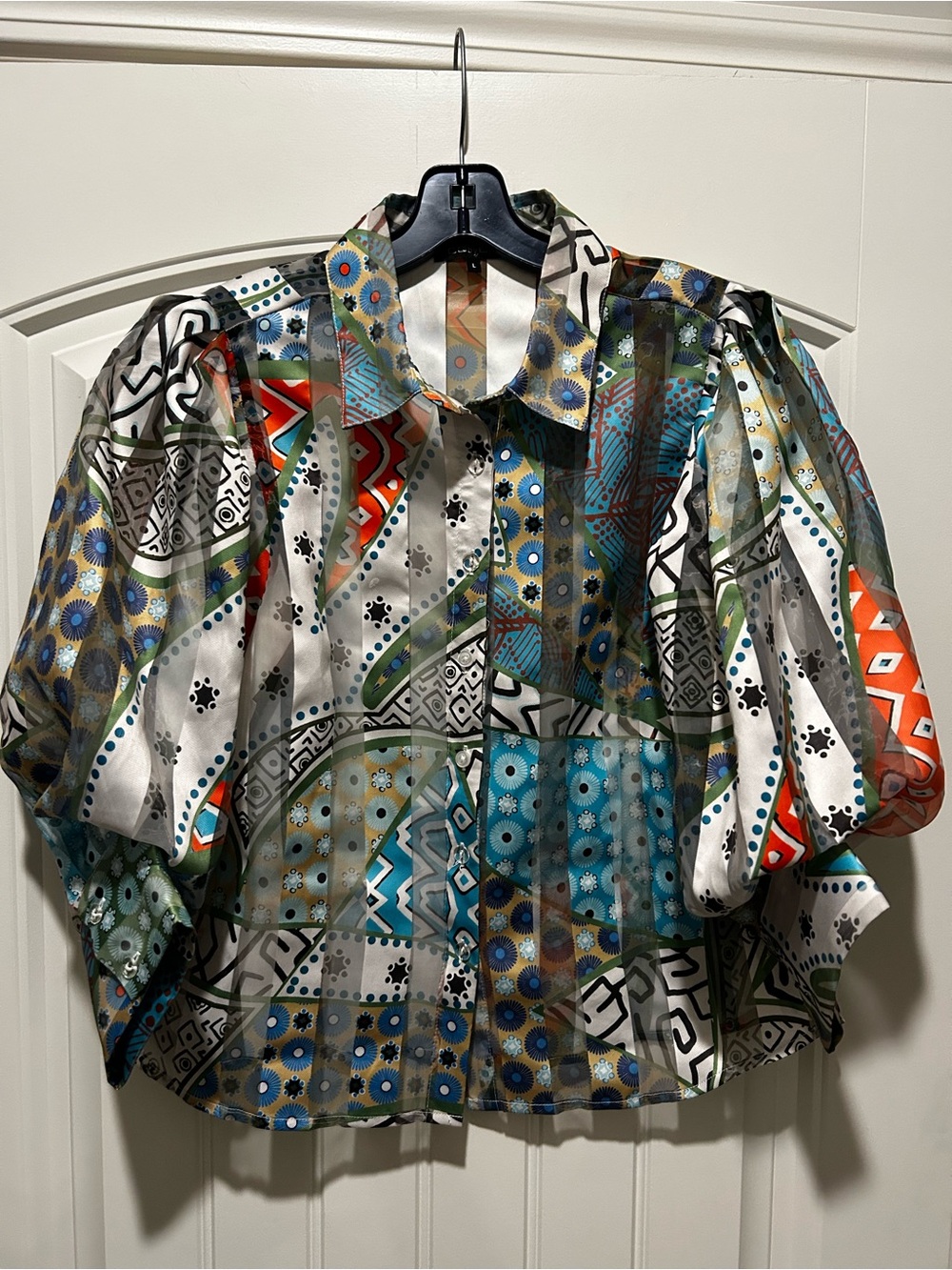 Printed Puff-Sleeve Button-Up Top in Multicolor